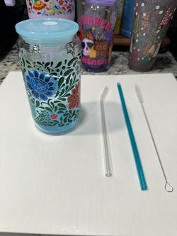 16oz Drinking Glass New With Straws/Cleaner