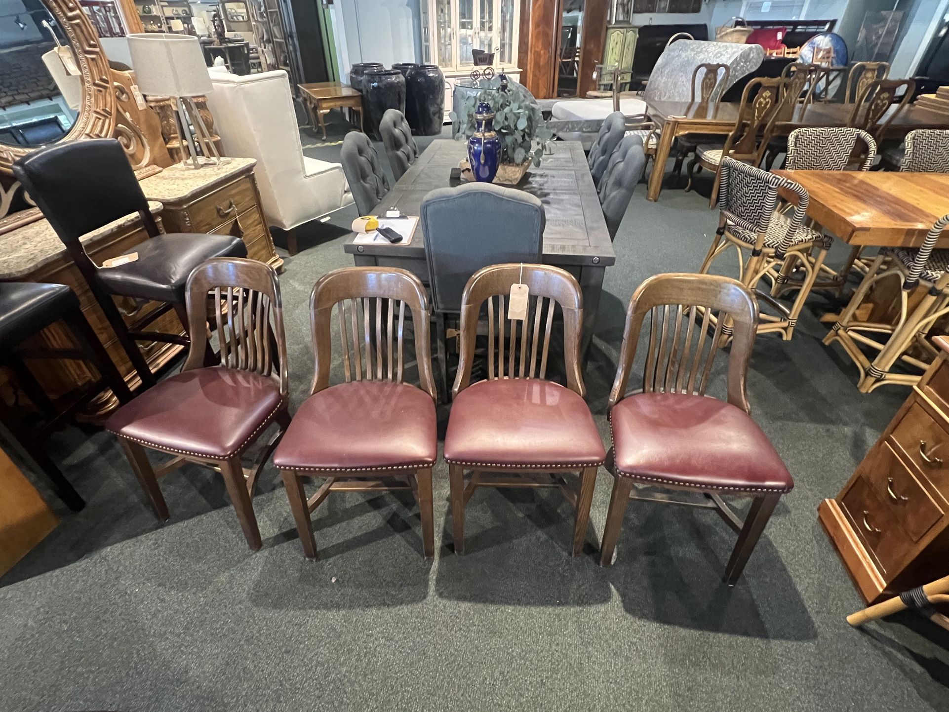 Set of 4 Waymar solid brown Chairs w/ burgundy leather seats SKU: YDBSJN