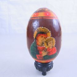 Vtg Russian Solid Wooden Egg Hand Painted Lacquer Madonna & Baby Jesus
