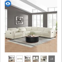 Cream Leather Power Reclining Sectional Couch