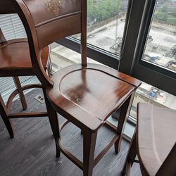 Imported Asian Wooden High Barstools with Metal Inlay