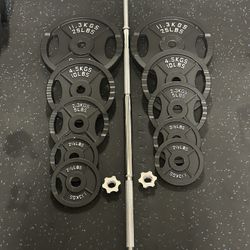 NEW IN BOX - Cast Iron Weight Plates 90 lbs set AND 5 ft Barbell 2.5 5 10 25 lb pounds plate bumper