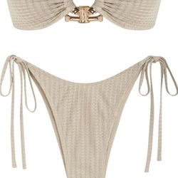 ZAFUL Metal Ring Shimmery Beige Bandeau Bikini High Cut Tie Side 2 Piece Large