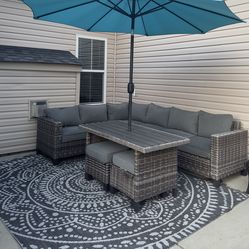 5-Piece Outdoor Patio Wicker Dining Sectional Set w/ Umbrella & Rug