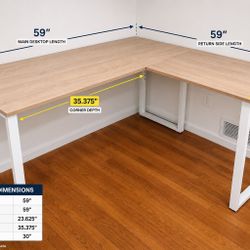 Modern L-Shaped Corner Desk – Wood Grain Top & White Metal Frame – Great Condition