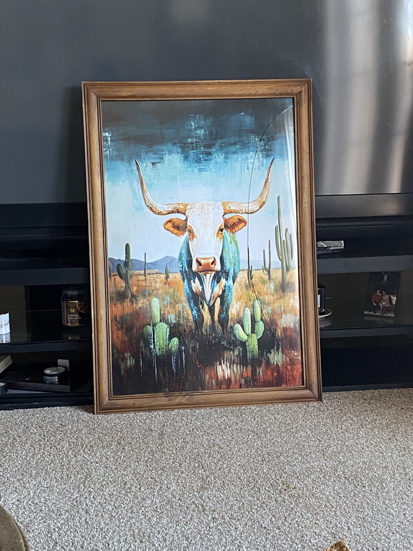 Long Horn Print In Wooden Frame