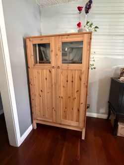 Pine Wood Cabinet with Glass Panel Doors