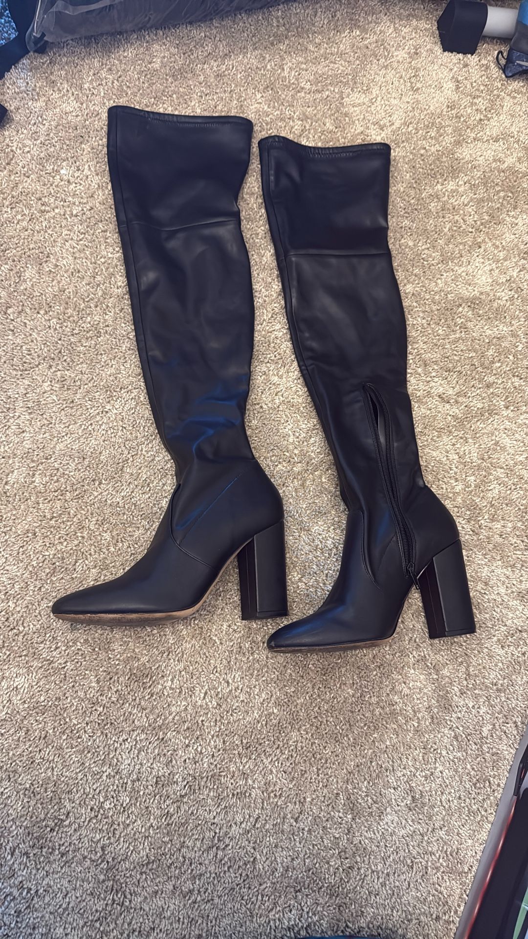 ALDO Black Synthetic Leather Block Heel Side Zip Thigh High Boots Women Size 7.5
