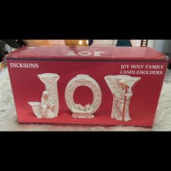Dicksons JOY Holy Family Candleholders 3-Pc Nativity Ivory China W/ Gold 4.5”