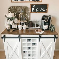 Custom built Wine Rack Cabinet Sideboard Buffet Coffee Hutch Hand Built Hutch Farmhouse farm house Carpenter Floating shelf faux Beam 