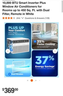 10,000 BTU Smart Inverter Plus Window Air Conditioners for Rooms up to 450 Sq. Ft. with Dual Filter, Remote in White
