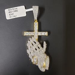 Sterling Silver Praying Hand With Cross Pendant