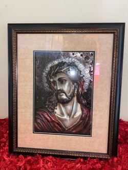 Framed Silver Metal 3D Bas-Relief Jesus Christ Icon – Crown of Thorns Religious Wall Art📝