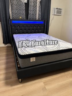 Queen Black Faux Leather Bed Frame with LED Headboard
