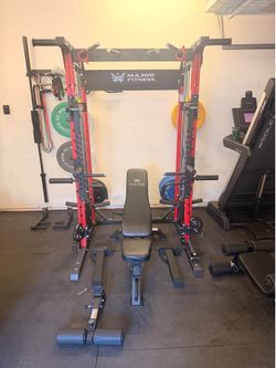 Major Fitness F22 All-In-One Home Gym Power Rack with weight plates, bench, attachments and barbell