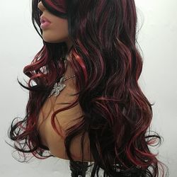 Long Red with Black Wavy Wig