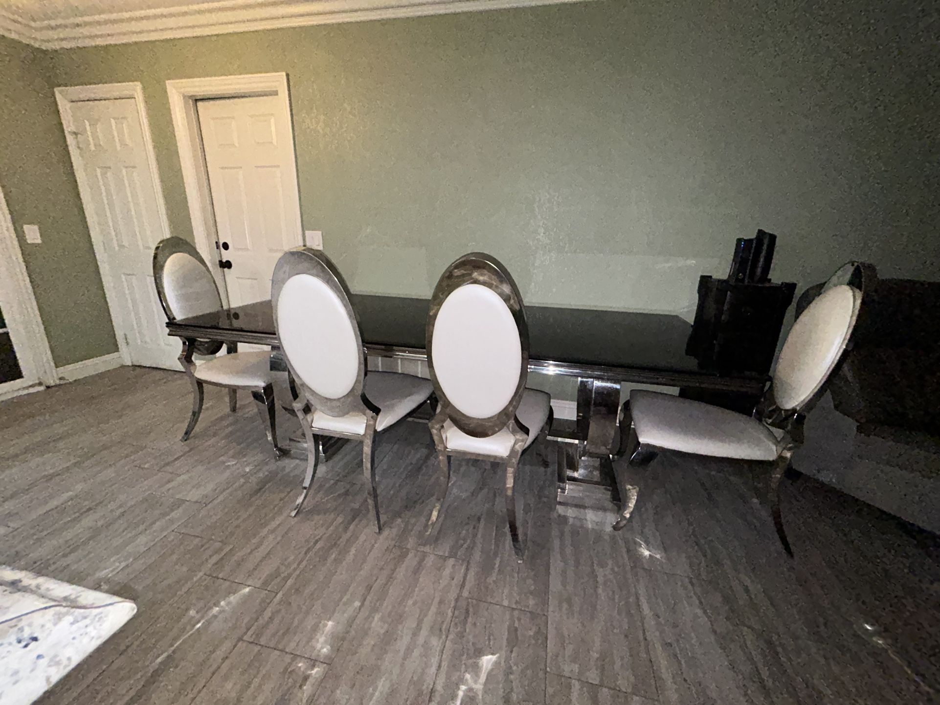 Dinning Set luxury Cv Table Glass Black + 6 Chair Pu 94.4 in Tempered glass 0.47 in thick Black , stainless steel legs