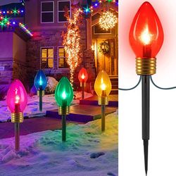 Christmas Lights Jumbo C9 Outdoor Lawn Decorations with Pathway Marker Stakes, 8.5ft C7 Lights Covered Jumbo Glitter Multicolor Bulb for Holiday Outsi