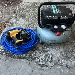 Metabo HPT Compressor, Bostitch Roofing Nailer, 100ft Hoses