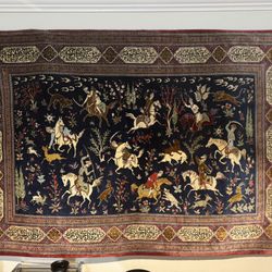 SIGNED 100% Silk Persian Carpet Hunting Scene