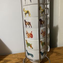 World Market Stacking Set of 6 Dog Themed Coffee Cups with Metal Rack