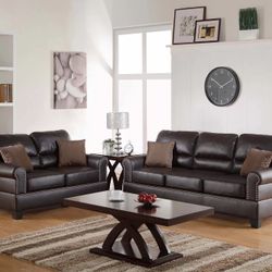 ESPRESSO FAUX LEATHER SOFA AND LOVESEAT