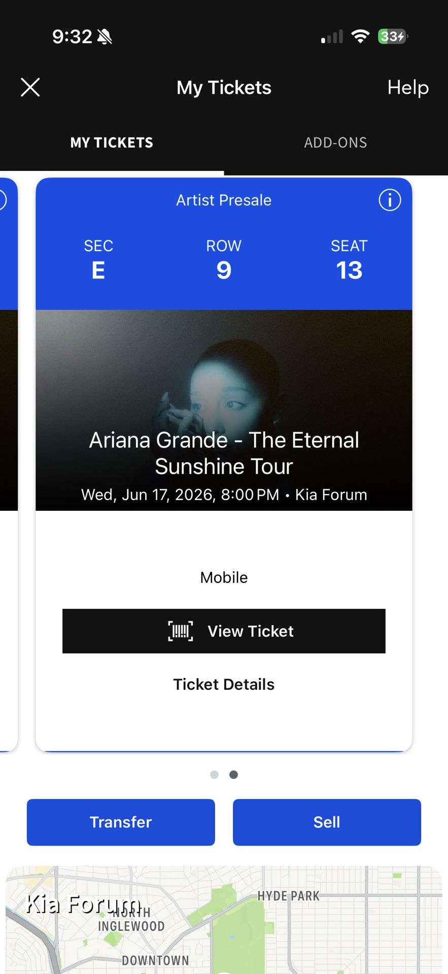 Ariana Grande Ticket For Sale( Kia Forum Wed Jun 17)