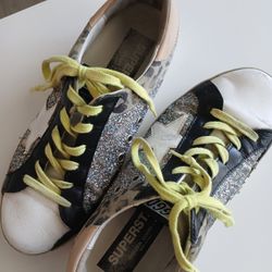 Golden Goose Superstar Sneakers White, Black leather with glitter and leopard print. Yellow Laces.