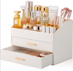Makeup Organizer for Vanity Desk, 3-Layer PU Leather Luxury Make Up Storage Cosmetics Holder Box with Drawers -Cream