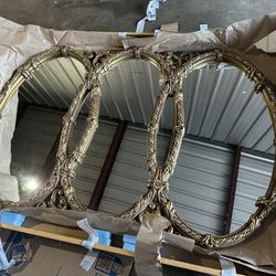 #2880 Vintage Mid Century Gold Bassett Triptych Hollywood Regency Oval Wall Mirror