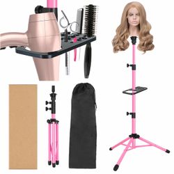 Wig Head Stand 50 Inch Metal Mannequin Head Stand for Hairdressing Training Head Adjustable Wig Stand Tripod with Tool Tray (Pink, Mannequin Head Not