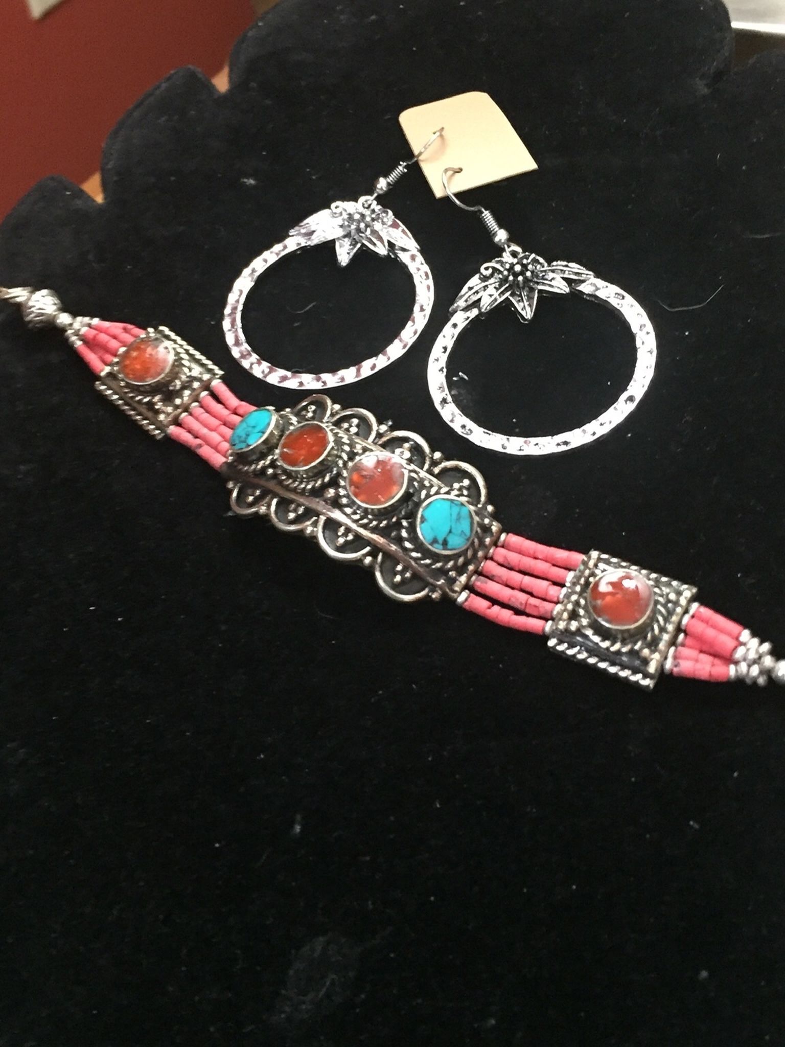 Stunning .925 Coral And Turquoise Bracelet With Earrings