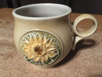 DITMAR URBACH MUG CUP SAND COLORED WITH SUNFLOWER CZECHOSLOVAKIA