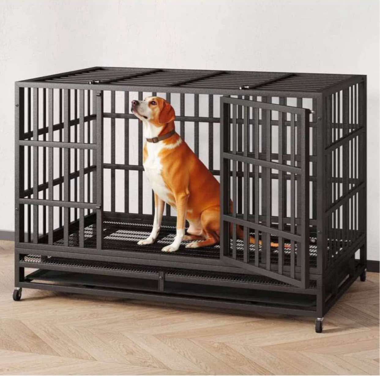 54/48/42/38 Inch Heavy Duty Indestructible Dog Crate Steel Escape Proof, Indoor Double Door High