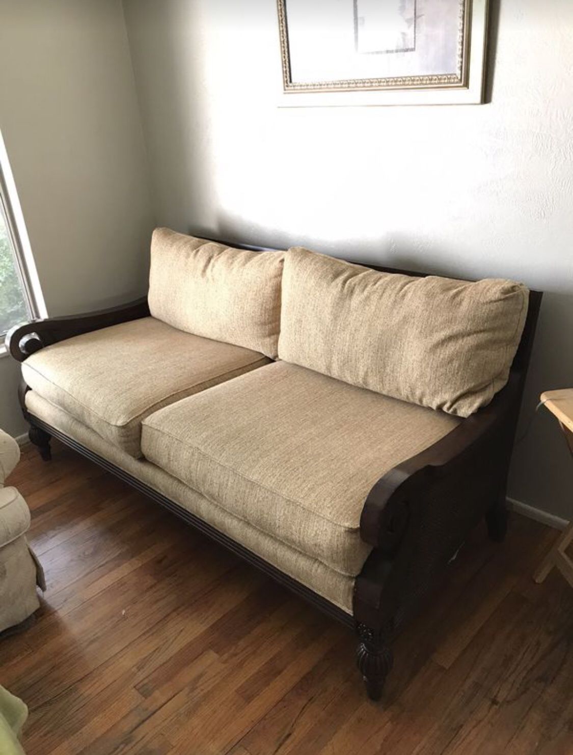 LIKE NEW NICE SOLID 3 SEATER COUCH W/GOLD PILLOWS PAID $1999.99 SELL FOR