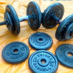 75  LBS. OF ADJUSTABLE DUMBBELLS WITH 2 NEW DUMBBELL HANDLE BARS  &  (FOUR)  : 10s   5s   3s  