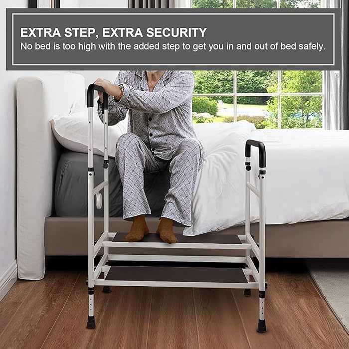 TofuumiBed Rails for Elderly Adults with Adjustable Height, Two-Steps Bedside Step Stool & LED Light for Fall Prevention, Medical Bed Assist Rails wit