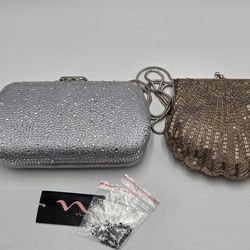 Valerie Stevens Beaded Gold Shell Evening Clutch & NINA Silver Rhinestone Minaudière