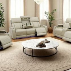 Power Electric Beige Leather Fully Reclining Three Piece Couch Set