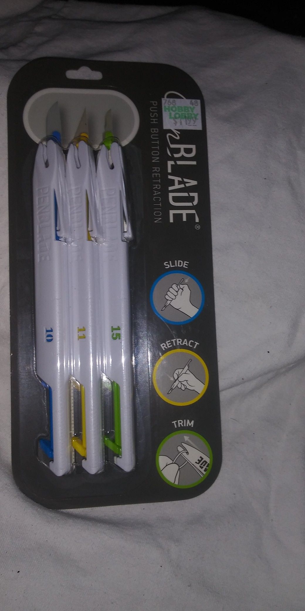 Pens and cutting blades. 5.00 ea.