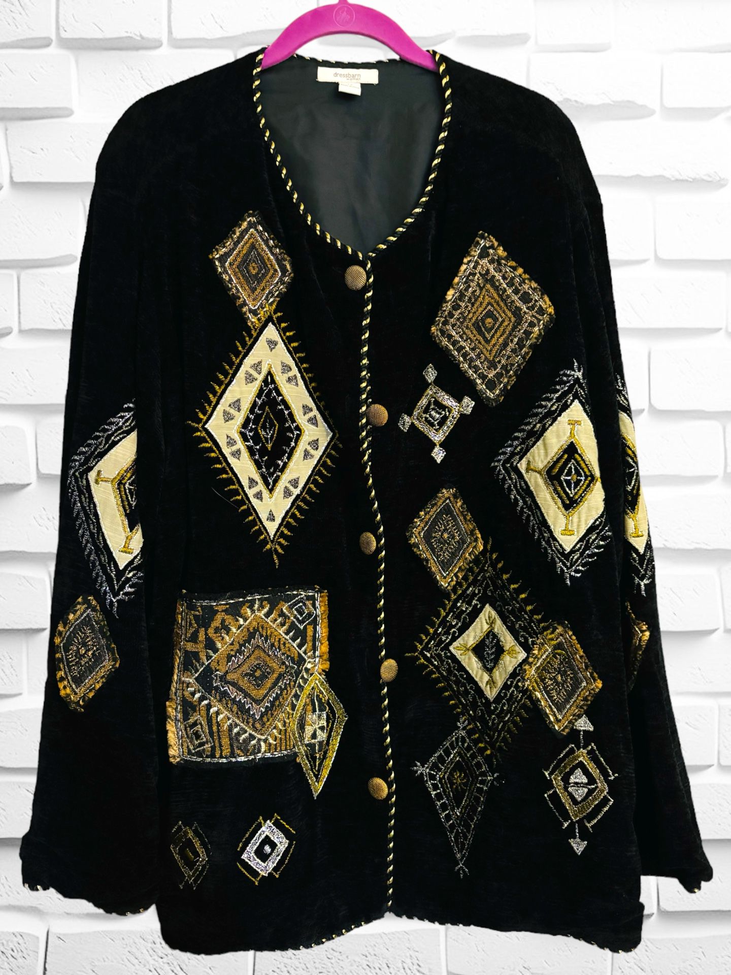 Vintage Dressbarn Women 2XL Button Up Black Crushed Corduroy Coat • Patchwork