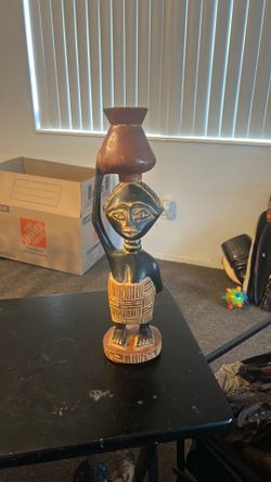 African Carved Wood Mother & Child Black and Tan Tall Wooden 20" sculpture