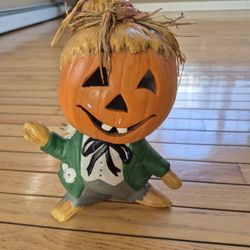 Vintage Light Up Ceramic Scarecrow Pumpkin 