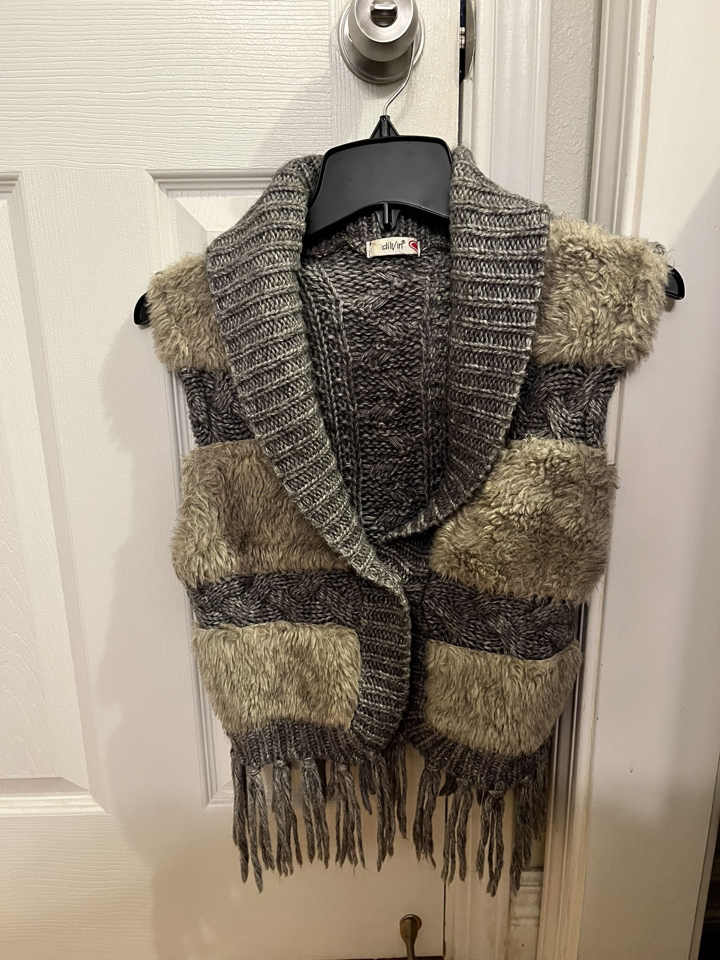 Women’s Cute Warm Hand Knitted Vest With Fur Inserts . Size M