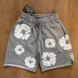 Grey Denim Tear Shorts with White Flower Puff Print