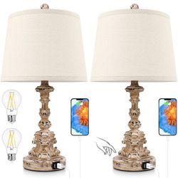 New in box 3-Way Dimmable French Country Style Table Lamps with 2 USB Ports, Vintage Touch Control Bedside Lamps Set of 2, Traditional Nightstand Lamp