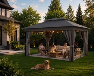 13x10 Ft Outdoor Gazebo Canopy Tent with Double Roof and Detachable Curtains for Garden and Deck