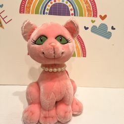 ADORABLE PINK SITTING CAT PKUSH !! 12 INCHES - WITH FAUX PEARLS AND GREEN EYES! 
