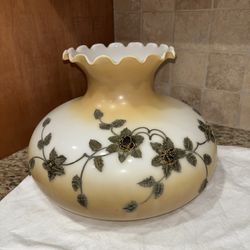VTG Amber Milk Glass Hurricane Lamp Shade W/Gold Metal Flowers