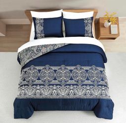 Sunshine Nicole Reversible Comforter Set, Brushed Microfiber Fabric with Embroidery for Front and Printed Microfiber Fabric for Reverse, 3 Pieces Navy